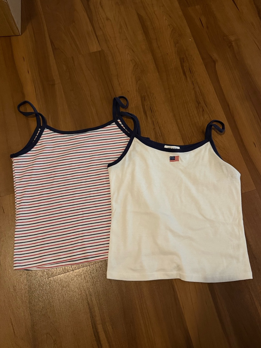 Pink Rose Woman White & Navy Trim Tank Tops - Red Stripe Accent